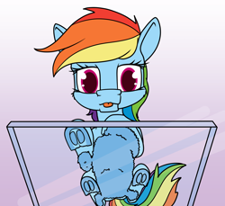 Size: 1400x1281 | Tagged: safe, artist:dacaoo, rainbow dash, pegasus, pony, g4, :p, behaving like a cat, belly, fluffy, frog (hoof), glass table, looking at you, looking down, looking down at you, low angle, lying down, ponyloaf, prone, sitting on glass, solo, tongue out, underhoof