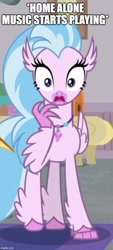 Size: 500x1106 | Tagged: safe, edit, edited screencap, screencap, silverstream, classical hippogriff, hippogriff, g4, the hearth's warming club, caption, christmas, cropped, female, holiday, home alone, image macro, meme, movie reference, shocked, shrunken pupils, solo, text