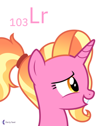 Size: 4000x5000 | Tagged: safe, artist:parclytaxel, luster dawn, pony, unicorn, series:joycall6's periodic table, g4, .svg available, absurd resolution, bust, chemistry, female, grin, lawrencium, mare, periodic table, portrait, profile, simple background, smiling, solo, vector, white background
