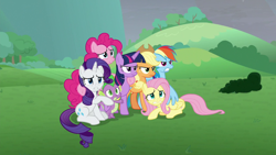 Size: 1920x1080 | Tagged: safe, screencap, applejack, fluttershy, pinkie pie, rainbow dash, rarity, spike, twilight sparkle, alicorn, dragon, earth pony, pegasus, pony, unicorn, g4, the ending of the end, angry, group hug, hug, mane seven, mane six, scared, twilight sparkle (alicorn), winged spike, wings