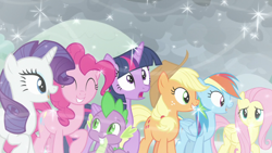 Size: 1920x1080 | Tagged: safe, screencap, applejack, fluttershy, pinkie pie, rainbow dash, rarity, spike, twilight sparkle, alicorn, dragon, earth pony, pegasus, pony, unicorn, g4, the ending of the end, female, force field, male, mane seven, mane six, mare, twilight sparkle (alicorn), winged spike, wings