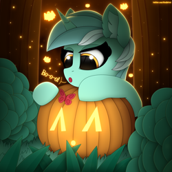 Size: 3000x3000 | Tagged: safe, artist:alexbefest, lyra heartstrings, butterfly, ghost, pony, undead, unicorn, g4, cute, ear fluff, female, halloween, high res, holiday, horn, jack-o-lantern, lyrabetes, mare, open mouth, pumpkin, signature, solo, spooky