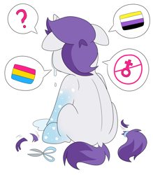 Size: 3505x4000 | Tagged: safe, artist:partypievt, oc, oc only, oc:indigo wire, pony, unicorn, alternate hairstyle, back, confused, crying, dock, facing away, gradient hooves, mane cut, nonbinary, nonbinary pride flag, pansexual, pansexual pride flag, ponytail, pride, pride flag, question mark, scissors, simple background, solo, white background