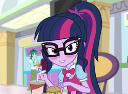 Size: 1446x1062 | Tagged: safe, edit, edited screencap, editor:mycarhasamoustache, screencap, sci-twi, twilight sparkle, equestria girls, equestria girls specials, g4, my little pony equestria girls: mirror magic, blushing, cropped, cute, geode of telekinesis, lidded eyes, looking at you, magical geodes, sci-twiabetes, smile edit, solo, twiabetes