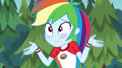 Size: 1920x1080 | Tagged: safe, edit, edited screencap, editor:mycarhasamoustache, screencap, rainbow dash, equestria girls, g4, my little pony equestria girls: legend of everfree, blushing, camp everfree outfits, clothes, cropped, cute, dashabetes, female, shirt, smile edit, solo, t-shirt