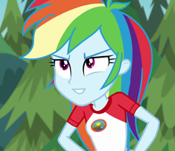 Size: 1256x1080 | Tagged: safe, edit, edited screencap, editor:mycarhasamoustache, screencap, rainbow dash, equestria girls, g4, my little pony equestria girls: legend of everfree, camp everfree outfits, clothes, cropped, cute, dashabetes, female, shirt, smile edit, t-shirt