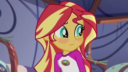 Size: 1920x1080 | Tagged: safe, edit, edited screencap, editor:mycarhasamoustache, screencap, sunset shimmer, equestria girls, g4, my little pony equestria girls: legend of everfree, blushing, camp everfree outfits, cropped, female, smile edit, solo