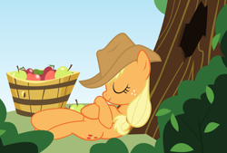 Size: 6001x4047 | Tagged: safe, artist:frownfactory, applejack, earth pony, pony, g4, ponyville confidential, apple, applejack's hat, asleep on the job, cowboy hat, eyes closed, female, food, hat, mare, solo, tree, vector