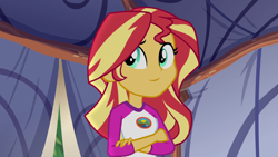 Size: 1920x1080 | Tagged: safe, edit, edited screencap, editor:mycarhasamoustache, screencap, sunset shimmer, equestria girls, g4, my little pony equestria girls: legend of everfree, camp everfree outfits, cropped, female, smile edit, solo