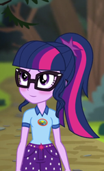 Size: 540x886 | Tagged: safe, edit, edited screencap, editor:mycarhasamoustache, screencap, sci-twi, twilight sparkle, equestria girls, g4, my little pony equestria girls: legend of everfree, blushing, camp everfree outfits, cropped, female, smile edit, solo