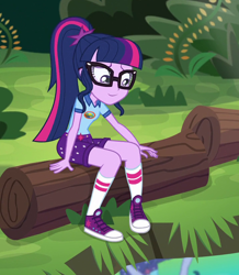 Size: 716x820 | Tagged: safe, edit, edited screencap, editor:mycarhasamoustache, screencap, sci-twi, twilight sparkle, equestria girls, g4, my little pony equestria girls: legend of everfree, camp everfree outfits, converse, cropped, female, shoes, smile edit, solo