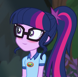 Size: 864x858 | Tagged: safe, edit, edited screencap, editor:mycarhasamoustache, screencap, sci-twi, twilight sparkle, equestria girls, g4, my little pony equestria girls: legend of everfree, blushing, camp everfree outfits, cropped, female, smile edit, solo