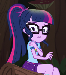 Size: 904x1026 | Tagged: safe, screencap, sci-twi, twilight sparkle, equestria girls, g4, my little pony equestria girls: legend of everfree, camp everfree outfits, cropped, female, sad, solo
