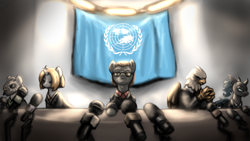 Size: 1920x1080 | Tagged: artist needed, safe, oc, oc:shadow pan, changeling, griffon, pony, zebra, equestria at war mod, clothes, flag, microphone, united nations