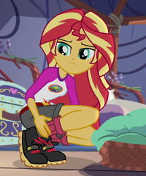 Size: 772x934 | Tagged: safe, screencap, sunset shimmer, equestria girls, g4, my little pony equestria girls: legend of everfree, camp everfree outfits, cropped, crouching, female, solo