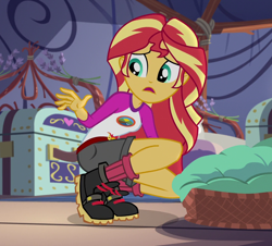 Size: 1078x976 | Tagged: safe, screencap, sunset shimmer, equestria girls, g4, my little pony equestria girls: legend of everfree, boots, camp everfree outfits, chest, clothes, cropped, crouching, denim shorts, female, flower, indoors, open mouth, sad, shoes, shorts, socks, solo, squatting