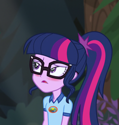 Size: 1000x1050 | Tagged: safe, screencap, sci-twi, twilight sparkle, equestria girls, g4, my little pony equestria girls: legend of everfree, blushing, camp everfree outfits, cropped, female, lidded eyes, solo