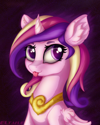 Size: 2000x2500 | Tagged: safe, artist:eltaile, princess cadance, alicorn, pony, g4, :p, abstract background, bust, cute, cutedance, ear fluff, female, gold, high res, mare, portrait, signature, solo, tongue out