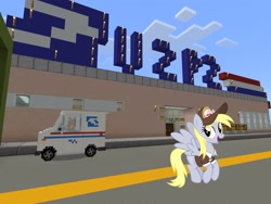 Size: 2048x1536 | Tagged: safe, artist:cheezedoodle96, artist:topsangtheman, edit, derpy hooves, pegasus, pony, g4, building, hat, looking at you, mailmare, mailmare hat, mailmare uniform, minecraft, open mouth, open smile, post office, smiling, spread wings, street, vehicle, wings