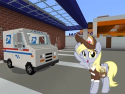 Size: 2048x1536 | Tagged: safe, artist:jhayarr23, artist:topsangtheman, derpy hooves, pegasus, pony, g4, looking at you, mail truck, mailmare, minecraft, post office, solo