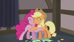 Size: 1280x720 | Tagged: safe, screencap, applejack, pinkie pie, earth pony, pony, g4, hearthbreakers, my little pony: friendship is magic, female, hug, mare