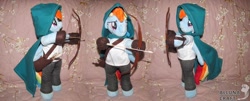 Size: 1024x413 | Tagged: safe, artist:allunacraft, rainbow dash, semi-anthro, g4, arm hooves, arrow, bipedal, bow (weapon), bow and arrow, irl, photo, plushie, rainbow rogue, solo, weapon