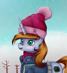 Size: 2000x2200 | Tagged: safe, artist:brilliant-luna, oc, oc only, oc:littlepip, pony, unicorn, fallout equestria, blushing, clothes, female, hat, high res, open mouth, scarf, smiling, snow, solo, winter