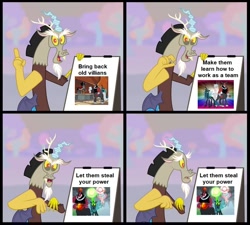 Size: 942x849 | Tagged: safe, artist:laszlvfx, edit, edited screencap, editor:fluttershyisnot adoormat, screencap, cozy glow, discord, king sombra, lord tirek, queen chrysalis, g4, the beginning of the end, the ending of the end, despicable me, gru's plan, legion of doom, meme, oh no, ponified meme