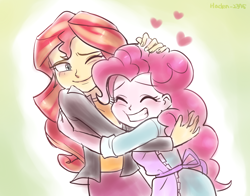 Size: 1400x1100 | Tagged: safe, artist:haden-2375, pinkie pie, sunset shimmer, equestria girls, g4, apron, blushing, blushing profusely, clothes, eyes closed, female, floating heart, heart, hug, lesbian, ship:sunsetpie, shipping