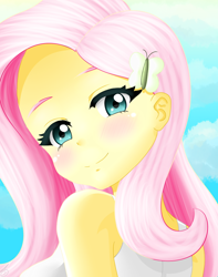 Size: 736x932 | Tagged: safe, artist:deaashmoon, fluttershy, equestria girls, g4, blushing, bust, cute, female, looking at you, looking back, looking back at you, looking over shoulder, shyabetes, sky background, smiling, solo