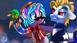 Size: 3840x2160 | Tagged: safe, artist:brainiac, derpibooru exclusive, oc, oc:atom smasher, oc:candy chip, oc:jump cannon, cyborg, earth pony, pony, unicorn, the sunjackers, bottomless, clothes, cute, cyberpunk, fake moustache, female, high res, jumpsuit, mare, ocbetes, partial nudity, plushie, screencap reference, vault suit