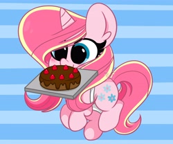 Size: 4096x3407 | Tagged: safe, artist:kittyrosie, oc, oc only, oc:rosa flame, pony, unicorn, abstract background, blushing, cake, cute, female, food, mare, mouth hold, ocbetes, solo