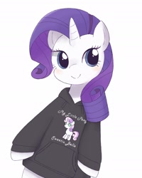 Size: 1552x1937 | Tagged: dead source, safe, artist:ginmaruxx, rarity, sweetie belle, pony, unicorn, g4, bipedal, blushing, clothes, cute, female, hoodie, mare, raribetes, simple background, solo, white background