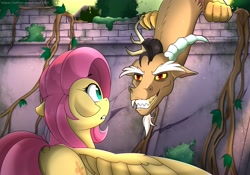 Size: 4096x2874 | Tagged: safe, artist:felixf, discord, fluttershy, draconequus, pegasus, pony, g4, butt, dock, duo, female, floppy ears, flutterbutt, grin, gritted teeth, looking at each other, mare, outdoors, plot, smiling, spread wings, startled, surprised, toothy grin, vine, wall, wings