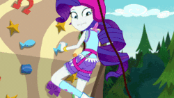 Size: 600x338 | Tagged: safe, screencap, applejack, rarity, equestria girls, g4, my little pony equestria girls: legend of everfree, animated, camp everfree outfits, rock climbing, scared, super strength, text