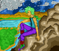 Size: 2618x2291 | Tagged: safe, artist:novaquinmat, spike, human, g4, cloud, high res, humanized, male, mountain, night, sitting, solo