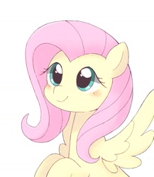 Size: 1424x1639 | Tagged: dead source, safe, artist:ginmaruxx, fluttershy, pegasus, pony, g4, blushing, bust, cute, female, mare, portrait, shyabetes, simple background, smiling, solo, spread wings, three quarter view, white background, wings
