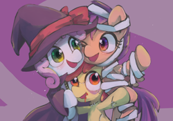 Size: 2000x1400 | Tagged: safe, artist:lexiedraw, apple bloom, scootaloo, sweetie belle, pony, undead, zombie, g4, clothes, costume, cute, cutie mark crusaders, female, filly, halloween, halloween costume, hat, holiday, mummy, one eye closed, open mouth, pixiv, trio, witch, witch hat