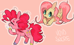 Size: 1037x629 | Tagged: safe, artist:voidsucre, fluttershy, pinkie pie, earth pony, pegasus, pony, g4, colored hooves, cute, duo, eyes closed, female, folded wings, lying down, mare, open mouth, outline, pink background, profile, prone, simple background, white outline, wings, yawn
