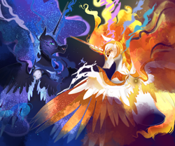 Size: 1200x1000 | Tagged: safe, artist:bunnari, daybreaker, nightmare moon, alicorn, pony, g4, alternate hairstyle, duo, ethereal mane, evil, fangs, female, grin, helmet, jewelry, mare, open mouth, regalia, smiling, starry mane