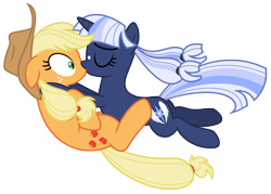 Size: 11133x7950 | Tagged: safe, artist:estories, applejack, oc, oc:silverlay, original species, pony, umbra pony, g4, absurd resolution, canon x oc, female, kiss on the lips, kissing, lesbian, shipping, silverjack, simple background, surprise kiss, transparent background, vector