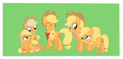 Size: 5217x2500 | Tagged: safe, artist:squipycheetah, part of a set, applejack, earth pony, pony, apple family reunion, g4, the last problem, where the apple lies, alternate color palette, baby, baby pony, babyjack, bandana, clothes, cute, diaper, element of honesty, eyes closed, female, filly, filly applejack, foal, freckles, granny smith's shawl, green background, hug, jackabetes, jackletree, looking back, looking down, looking up, mare, multeity, older, older applejack, raised hoof, self paradox, self ponidox, simple background, sitting, teenage applejack, teenager, younger