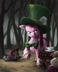Size: 1720x2160 | Tagged: safe, artist:ponyhell, madame leflour, pinkie pie, rocky, earth pony, pony, g4, party of one, alice in wonderland, angry, bowtie, clothes, costume, cufflinks, cup, cutie mark, female, forest, forest background, hat, mad hatter, mad hatter hat, parody, pinkamena diane pie, scowl, solo, straight mane, table, tea party, teacup, top hat
