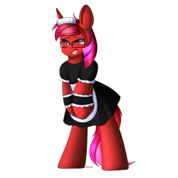 Size: 3000x3000 | Tagged: safe, artist:xcinnamon-twistx, oc, oc only, oc:ruby star, pony, g4, apron, blushing, clothes, crossdressing, dress, glasses, high res, maid, male, open mouth, reward, simple background, solo, transparent background