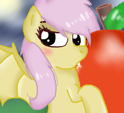 Size: 544x496 | Tagged: safe, artist:ponytail-dash, fluttershy, bat pony, pony, g4, apple, bat ponified, blushing, female, flutterbat, food, looking back, race swap, solo