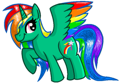 Size: 613x421 | Tagged: safe, artist:maverickmam, oc, oc only, oc:rainbow dust, alicorn, pony, alicorn oc, horn, multicolored hair, rainbow hair, raised hoof, simple background, smiling, white background, wings