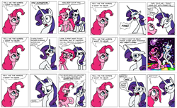 Size: 1010x618 | Tagged: safe, artist:gingerfoxy, pinkie pie, rarity, earth pony, pony, unicorn, pony comic generator, g4, comic, dancing, disco, exploitable meme, i didn't listen, image macro, meme, yelling