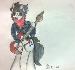 Size: 1554x1443 | Tagged: safe, artist:almaustral, oc, oc only, oc:lighting wind, earth pony, anthro, clothes, earth pony oc, guitar, male, musical instrument, neckerchief, open mouth, signature, solo, traditional art
