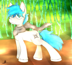 Size: 1321x1192 | Tagged: safe, artist:almaustral, oc, oc only, earth pony, pony, bamboo, clothes, earth pony oc, outdoors, scarf, signature, smiling, solo, traditional art, unshorn fetlocks