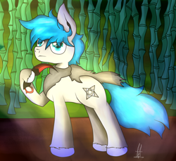 Size: 1270x1165 | Tagged: safe, artist:almaustral, oc, oc only, earth pony, pony, bamboo, clothes, earth pony oc, hoof hold, machete, outdoors, scarf, signature, smiling, solo, traditional art, unshorn fetlocks